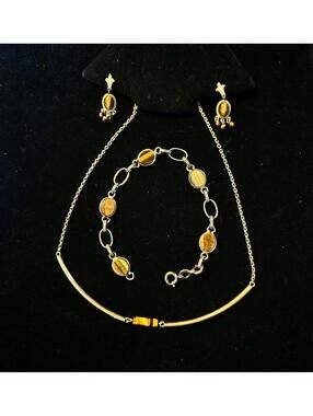 Vintage Winard Jewelry Set 12K G.F. Tigers Eye Necklace Bracelet Earrings